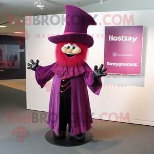 Magenta Witch'S Hat mascot costume character dressed with a Button-Up Shirt and Tie pins