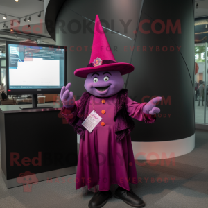 Magenta Witch'S Hat mascot costume character dressed with a Button-Up Shirt and Tie pins