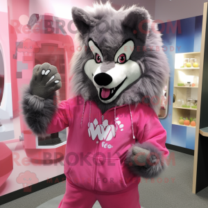 Pink Say Wolf mascot costume character dressed with a Hoodie and Earrings