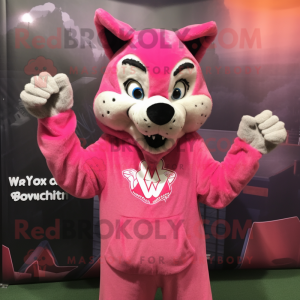 Pink Say Wolf mascot costume character dressed with a Hoodie and Earrings