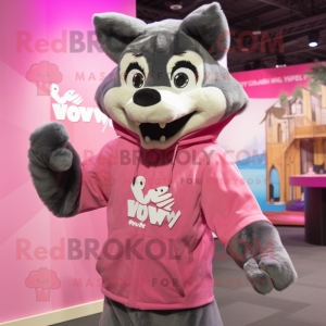 Pink Say Wolf mascot costume character dressed with a Hoodie and Earrings