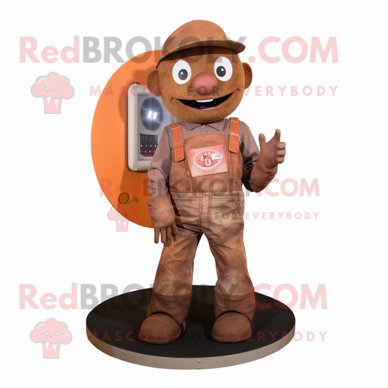 Rust Plate Spinner mascot costume character dressed with a Dungarees and Cummerbunds Rust Plate Spinner mascot costume character dressed with a Dungarees and Cummerbunds