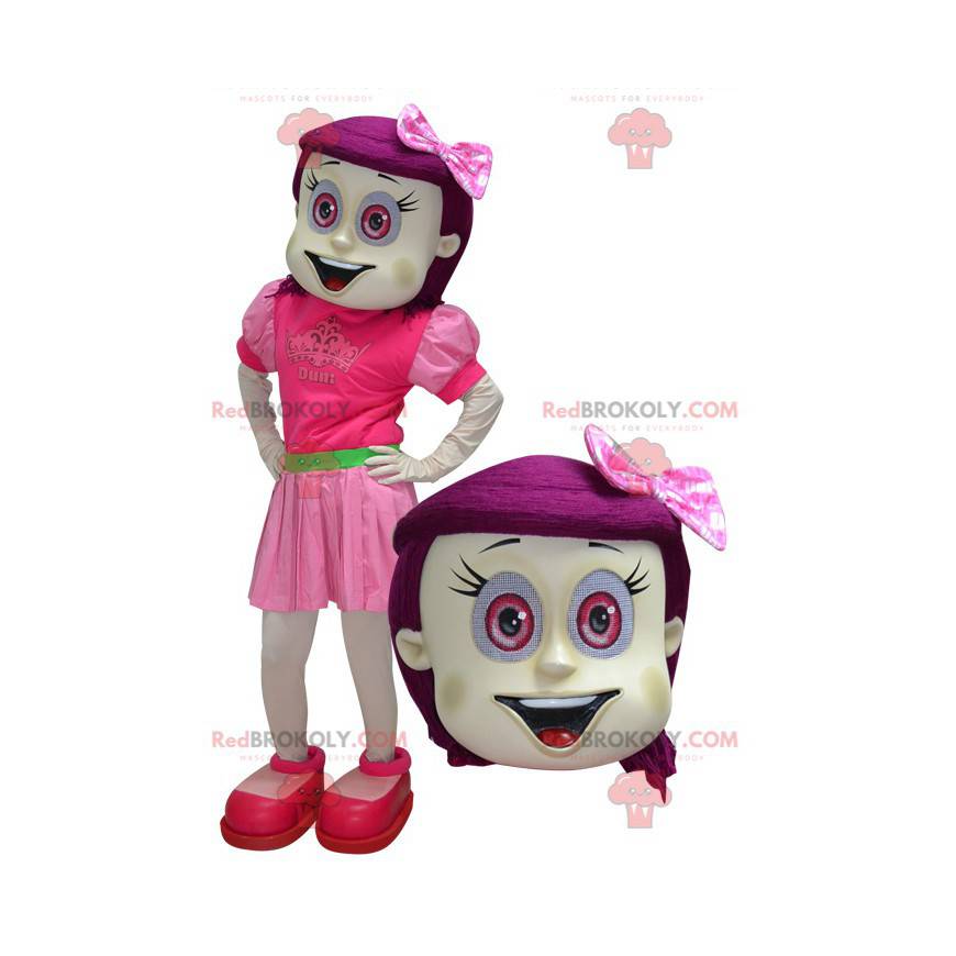 Mascotte de fille avec les cheveux et les yeux roses -