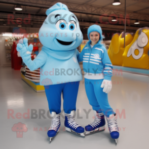 Sky Blue Pair Of Ice Skates mascot costume character dressed with a Blouse and Shoe laces