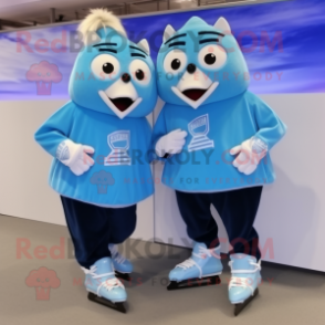 Sky Blue Pair Of Ice Skates mascot costume character dressed with a Blouse and Shoe laces