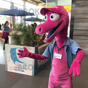 Magenta Coelophysis mascot costume character dressed with a Chambray Shirt and Bracelet watches