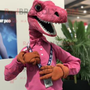 Magenta Coelophysis mascot costume character dressed with a Chambray Shirt and Bracelet watches