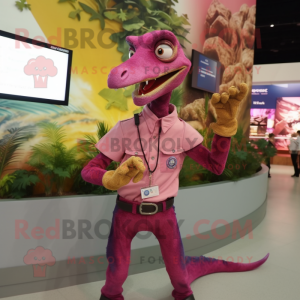 Magenta Coelophysis mascot costume character dressed with a Chambray Shirt and Bracelet watches