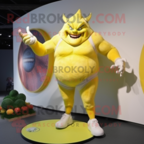 Lemon Yellow Ogre mascot costume character dressed with a Capri Pants and Rings