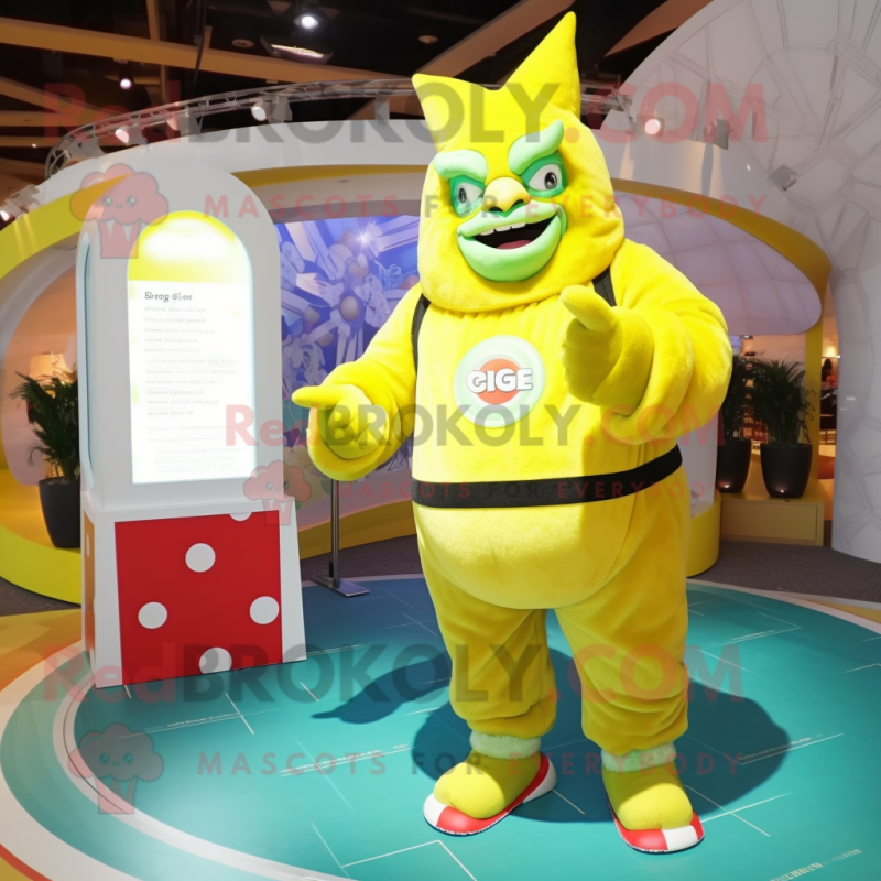 Lemon Yellow Ogre mascot costume character dressed with a Capri Pants and Rings