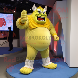 Lemon Yellow Ogre mascot costume character dressed with a Capri Pants and Rings