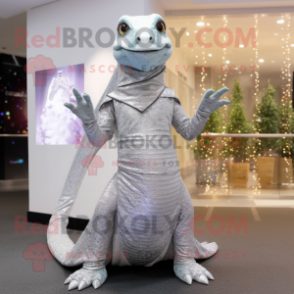 Silver Lizard mascot costume character dressed with a Dress and Wraps