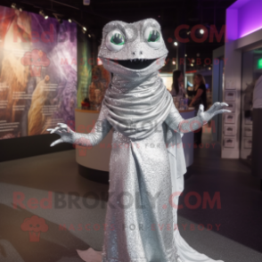 Silver Lizard mascot costume character dressed with a Dress and Wraps