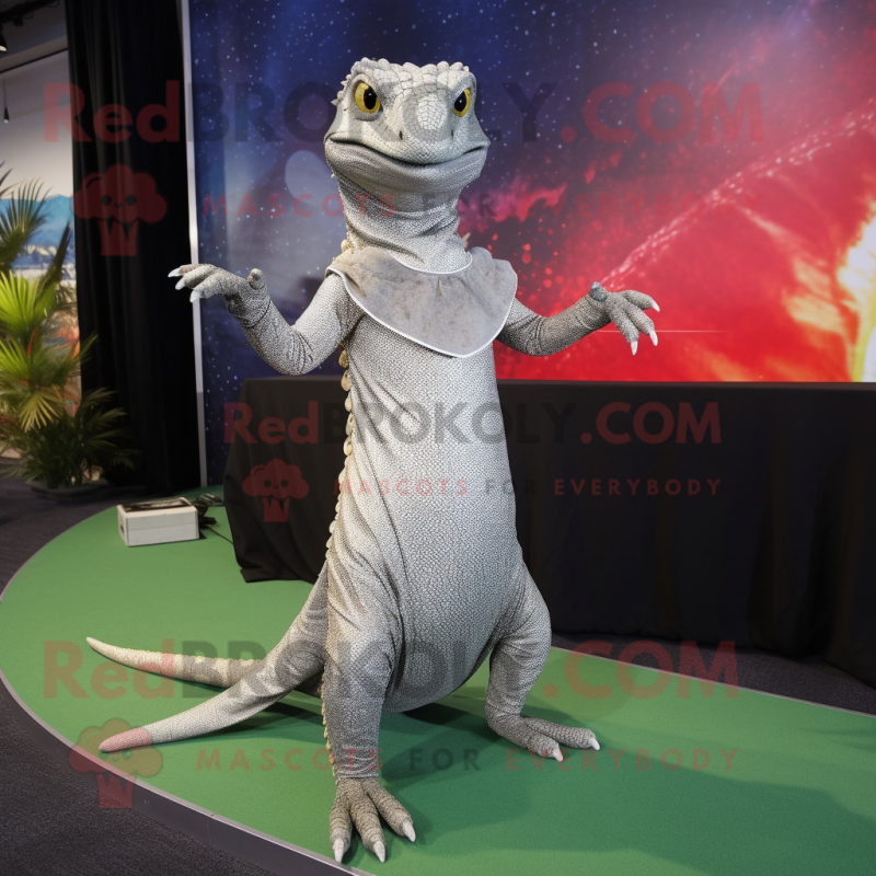 Silver Lizard mascot costume character dressed with a Dress and Wraps Silver Lizard mascot costume character dressed with a Dress and Wraps