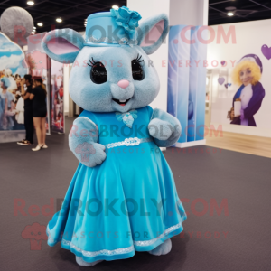 Cyan Chinchilla mascot costume character dressed with a Ball Gown and Berets