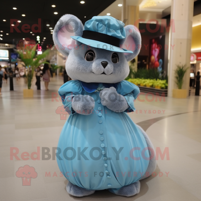Cyan Chinchilla mascot costume character dressed with a Ball Gown and Berets Cyan Chinchilla mascot costume character dressed with a Ball Gown and Berets