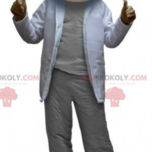 Lo scienziato mascotte uomo vestito di grigio e bianco -