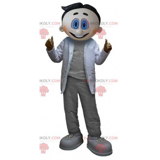 Mascot científico hombre vestido de gris y blanco -