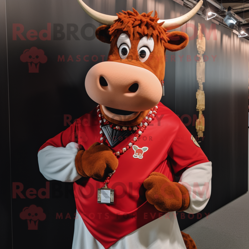Red Jersey Cow mascot costume character dressed with a Vest and Necklaces Red Jersey Cow mascot costume character dressed with a Vest and Necklaces