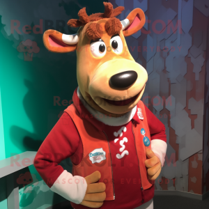 Red Jersey Cow mascot costume character dressed with a Vest and Necklaces