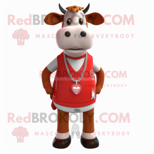 Red Jersey Cow mascot costume character dressed with a Vest and Necklaces