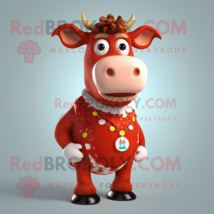 Red Jersey Cow mascot costume character dressed with a Vest and Necklaces