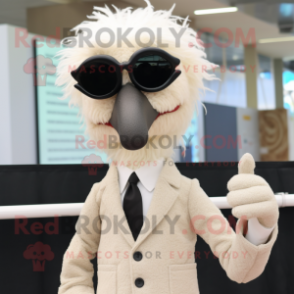 Beige Ostrich mascot costume character dressed with a Suit Jacket and Eyeglasses