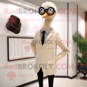 Beige Ostrich mascot costume character dressed with a Suit Jacket and Eyeglasses