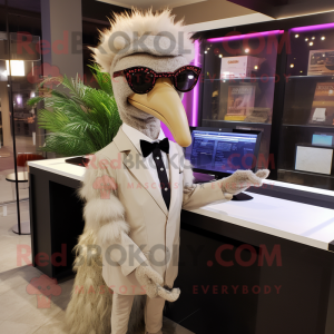 Beige Ostrich mascot costume character dressed with a Suit Jacket and Eyeglasses