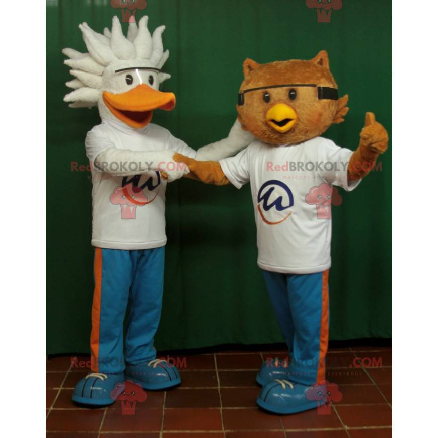 2 mascotes, um pássaro pelicano e uma coruja - Redbrokoly.com