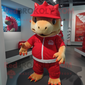 Red Ankylosaurus mascot costume character dressed with a Romper and Beanies