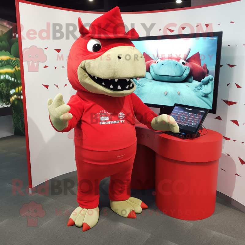 Red Ankylosaurus mascot costume character dressed with a Romper and Beanies Red Ankylosaurus mascot costume character dressed with a Romper and Beanies