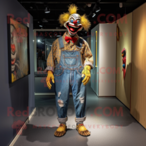 Gold Evil Clown mascot costume character dressed with a Denim Shirt and Earrings