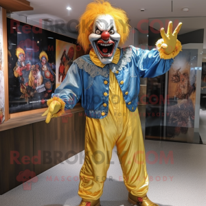 Gold Evil Clown mascot costume character dressed with a Denim Shirt and Earrings