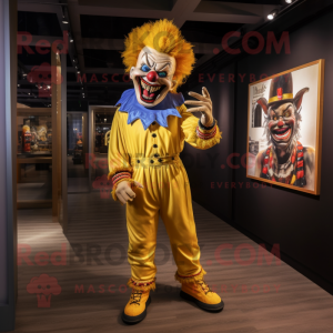 Gold Evil Clown mascot costume character dressed with a Denim Shirt and Earrings