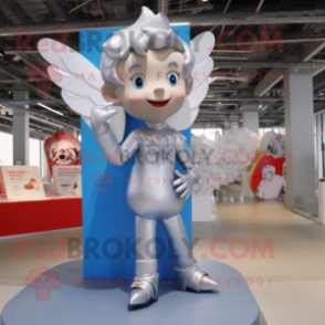 Silver Cupid mascot costume character dressed with a Flare Jeans and Suspenders