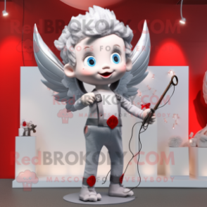 Silver Cupid mascot costume character dressed with a Flare Jeans and Suspenders