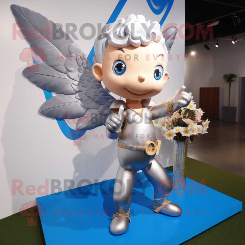 Silver Cupid mascot costume character dressed with a Flare Jeans and Suspenders Silver Cupid mascot costume character dressed with a Flare Jeans and Suspenders