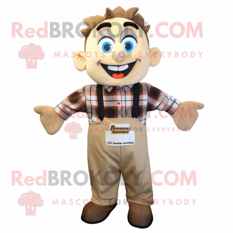 Beige Moussaka mascot costume character dressed with a Flannel Shirt and Suspenders Beige Moussaka mascot costume character dressed with a Flannel Shirt and Suspenders