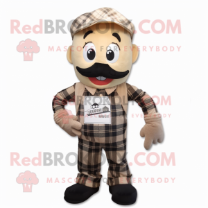 Beige Moussaka mascot costume character dressed with a Flannel Shirt and Suspenders
