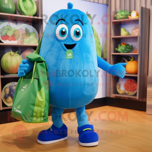 Blue Zucchini mascot costume character dressed with a Romper and Tote bags