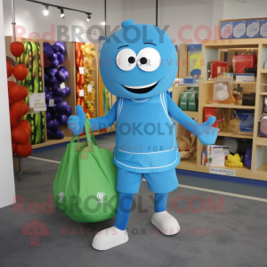 Blue Zucchini mascot costume character dressed with a Romper and Tote bags