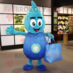Blue Zucchini mascot costume character dressed with a Romper and Tote bags