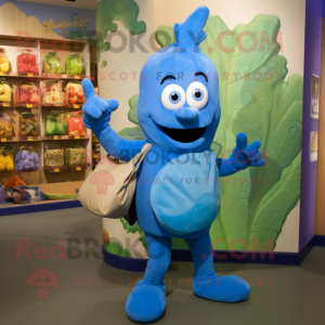 Blue Zucchini mascot costume character dressed with a Romper and Tote bags