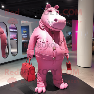 Pink Hippopotamus mascot costume character dressed with a Bootcut Jeans and Handbags
