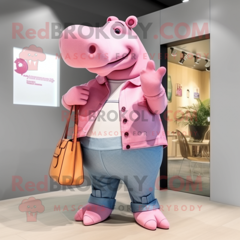 Pink Hippopotamus mascot costume character dressed with a Bootcut Jeans and Handbags Pink Hippopotamus mascot costume character dressed with a Bootcut Jeans and Handbags