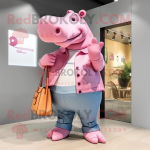 Pink Hippopotamus mascot costume character dressed with a Bootcut Jeans and Handbags