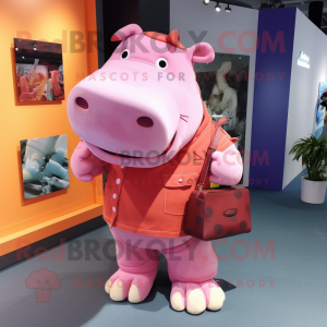 Pink Hippopotamus mascot costume character dressed with a Bootcut Jeans and Handbags
