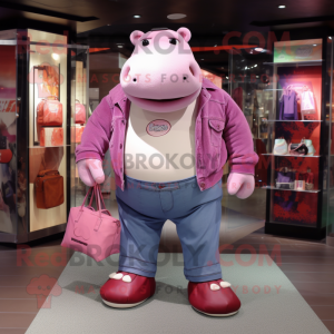 Pink Hippopotamus mascot costume character dressed with a Bootcut Jeans and Handbags