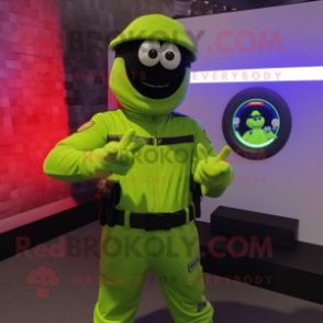 Lime Green Green Beret mascot costume character dressed with a Bodysuit and Digital watches